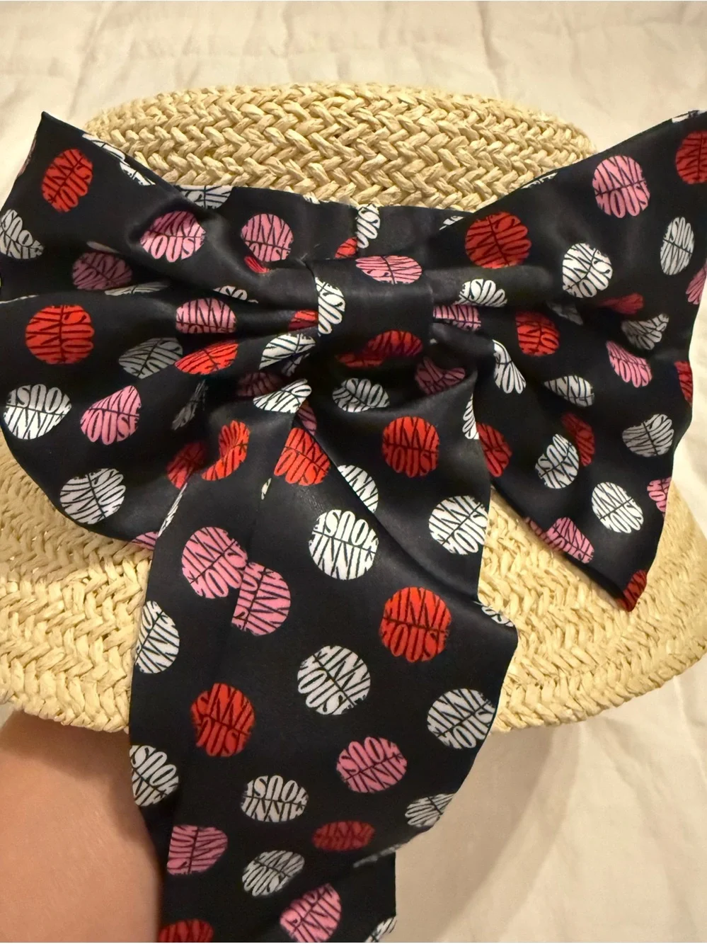 Disney Straw Bucket Hat with Black Polka Dot Bow (Red, Pink, White)